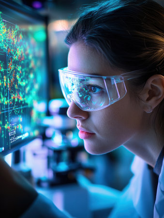 Scientist analyzes virus sample on glass slide while bathed in LED light, with a digital screen displaying molecular breakdown behind her in the lab.の素材