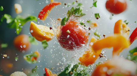 Dynamic flying vegetables and fruits burst through the air with water droplets suspended, showing vivid colors in a lively kitchen atmosphere.の素材