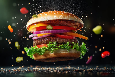 A colorful burger floats in mid-air with ingredients like lettuce, tomato, and onion artfully suspended, captured in a dramatic pop-art style.の素材