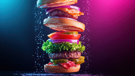 Suspended burger parts display vibrant colors and textures, showcasing fresh ingredients and emphasizing culinary artistry in a fun arrangement.の素材