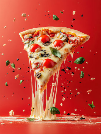 Cheese stretches invitingly from a pizza slice decorated with fresh toppings, set against a vibrant red background showing casing culinary delight.の素材