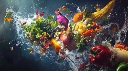 Fresh vegetables and fruits splash in water, showing vibrant colors and highlighting their freshness and vitality.の素材