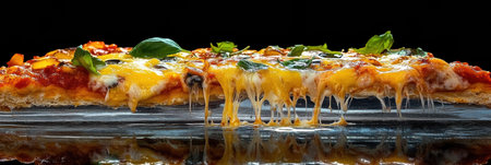 A vibrant pizza slice showcases melting cheese and fresh toppings while being pulled away, creating a tempting visual of culinary delight and comfort food.の素材
