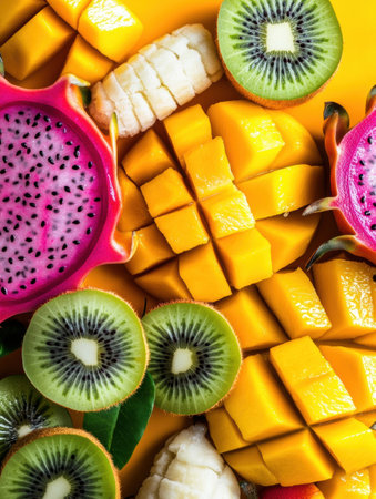 Vibrant arrangement of tropical fruits including mango, dragon fruit, and kiwi showcases a dynamic food-inspired background in modern style.の素材