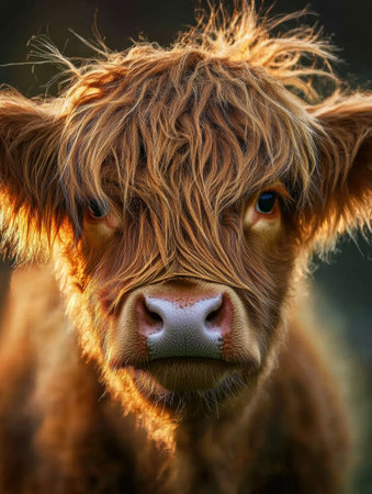 A cows face displays rich fur textures under warm sunlight, creating a serene and elegant rural atmosphere with a soft blurred background.の素材