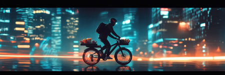 A grocery courier on a bicycle navigates the illuminated streets of a futuristic city, delivering an order amidst the high-tech skyline at night.の素材