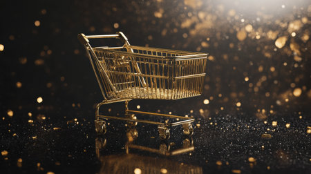 A golden grocery cart stands prominently in a luxurious atmosphere, featuring black and gold aesthetics with premium textures and elegant typography throughout.の素材