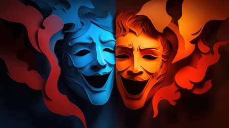 Vivid paper cut art reveals comedy and tragic theater masks, skillfully layered with rich colors and intricate shadows, creating an engaging visual experience.の素材