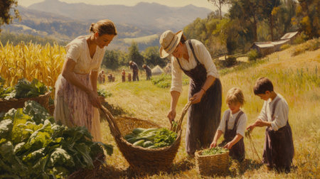 A rural family joyfully works in the warm sunlight, picking fresh vegetables from their farm while children help and bond in a peaceful setting.の素材