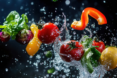 Fresh vegetables and fruits soar in mid-air amidst a splash of water droplets, highlighting their vibrant colors and freshness in a kitchen environmentの素材
