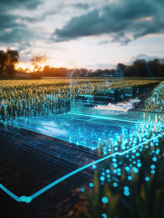 Floating holographic interface reveals crop yield data against a backdrop of sunlit farmland, blending technology with agricultural productivity.の素材