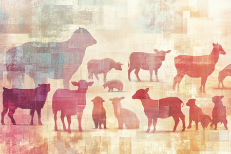 Collage depicts various farm animals in soft hues, blending modern abstract design with a serene atmosphere and textured artistic details.の素材