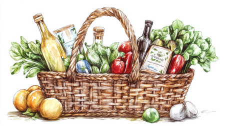 A beautifully illustrated basket displays premium organic produce, including fresh vegetables, fruits, and artisanal items, artistically arranged.の素材