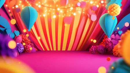 This backdrop features a lively layer of colorful confetti, balloons, and bright lights, creating a festive atmosphere perfect for celebrations.の素材