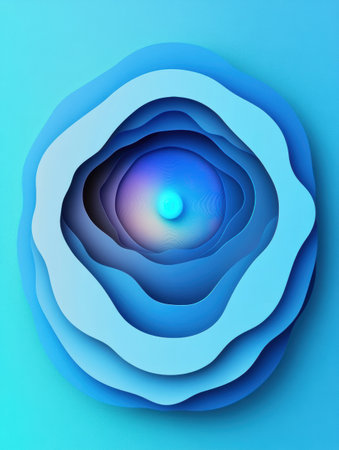 Visualizes a high-tech digital network in layered paper cut style, highlighting interconnected nodes and vibrant blue gradients for a modern aesthetic.の素材