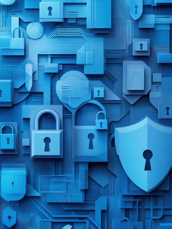 Layered locks and shield shapes create a dynamic paper art composition, showing encrypted codes in various shades of blue, symbolizing cybersecurity.の素材