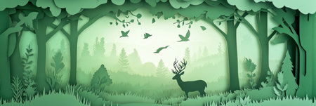 Intricate layered design showcases a peaceful forest populated by deer and birds with subtle depth and earthy green hues enhancing the calm environment.の素材