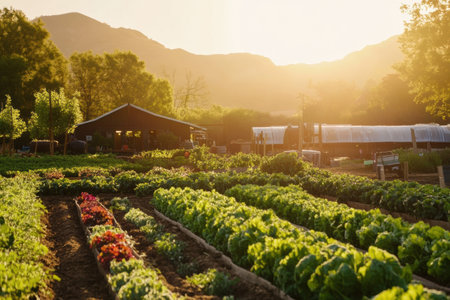 Fresh organic produce is being prepared for delivery in a vibrant farm landscape, basking in warm sunlight amid lush greenery and rolling hills.の素材