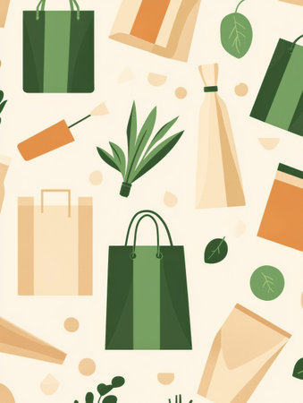 design showcases reusable grocery bags and eco-friendly packaging in green and beige, promoting sustainability and conscious choices.の素材