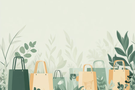 This design features reusable grocery bags and sustainable packaging surrounded by clean green and beige tones, promoting eco-friendly living and shopping.の素材