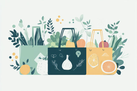 Bright reusable grocery bags filled with fresh fruits and vegetables illustrate a green lifestyle, highlighting sustainable choices for shopping and living.の素材