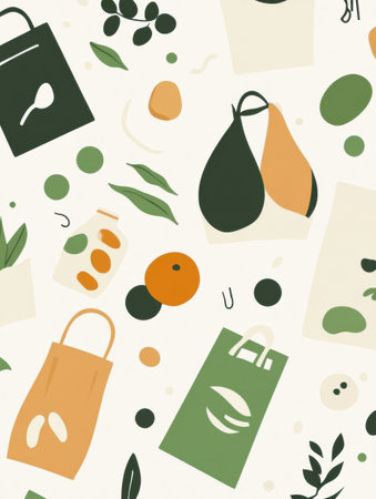 Colorful design showcases reusable grocery bags and eco-friendly packaging, emphasizing sustainability with clean green and beige tones throughout.の素材