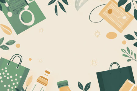 Reusable bags and eco-friendly packaging are showcased on a clean green and beige backdrop, highlighting sustainability and minimalism.の素材