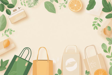 design features reusable grocery bags and sustainable packaging in clean green and beige colors. Ideal for promoting eco-friendly practices and products.の素材