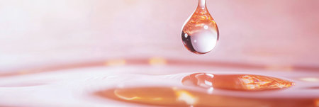 Glistening drop of skincare serum descends towards radiant skin, illuminating the surface with warm, soft light while highlighting a luxurious beauty routineの素材