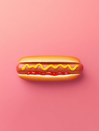 Close-up view showcases a perfectly cooked hot dog nestled in a golden bun with vibrant yellow mustard and deep red ketchup against a bold color background.の素材
