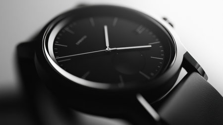 This modern smartwatch features a striking monochrome watch face with smooth depth-of-field, highlighting its sleek design and advanced technology.の素材