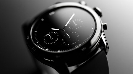 A close-up focus on a modern smartwatch displays a clean monochrome watch face, emphasizing sleek design and high-tech aesthetics in an elegant setting.の素材