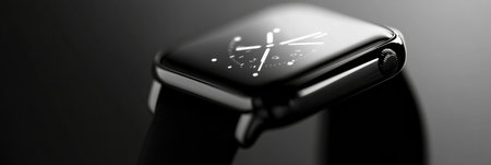 Close-up of a modern smartwatch features a clean monochrome watch face, highlighting advanced technology and elegant design in smooth depth-of-field.の素材