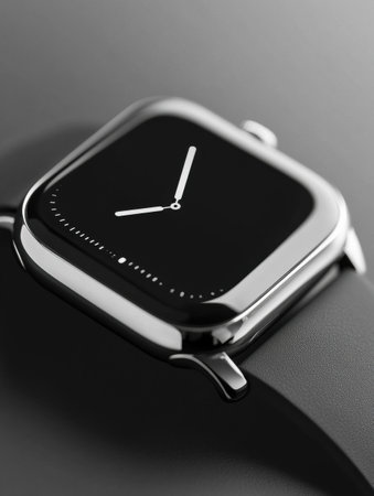 The close-up features a sleek modern smartwatch with a monochrome face, set against a blurred background.の素材