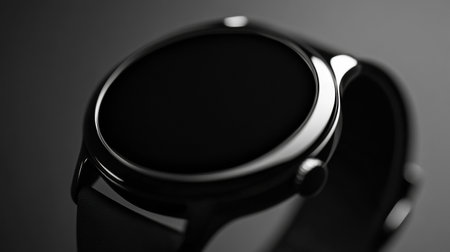 Close-up view of a modern smartwatch featuring a clean monochrome watch face, emphasizing sleek design and sophisticated technological elements.の素材