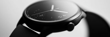 Close-up view highlights a modern smartwatch featuring a monochrome watch face, emphasizing its sleek design and technological sophistication in bright light.の素材