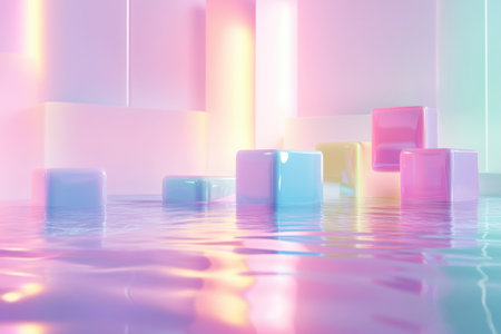 Floating colorful 3D cubes create a serene atmosphere with smooth reflections against a futuristic minimalistic background featuring neon color gradients.の素材