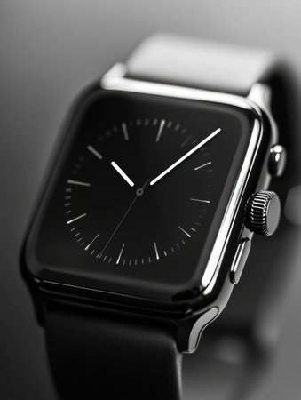 Close-up view showcases a modern smartwatch featuring a clean monochrome watch face, exuding sophistication and a high-tech vibe in a minimalist compositionの素材