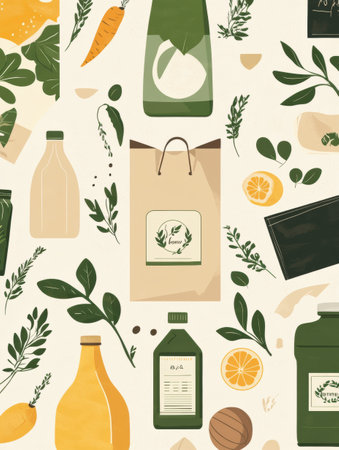 A modern design of reusable grocery bags and sustainable packaging in clean green and beige tones, emphasizing eco-friendliness.の素材
