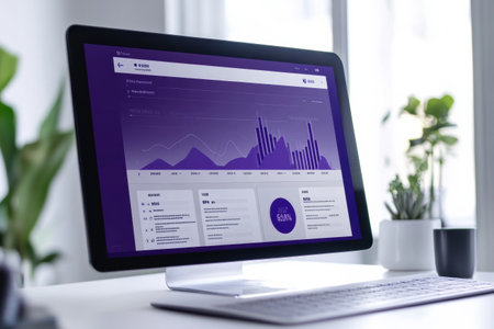 Displaying a financial analytics dashboard with a rising graph, soft gradients, and a clean layout, all set in a bright, modern office environment.の素材