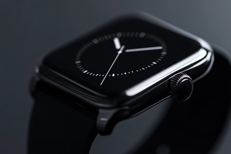 A sleek smartwatch displays a minimalistic monochrome face, highlighting its sophisticated design and advanced technology.の素材