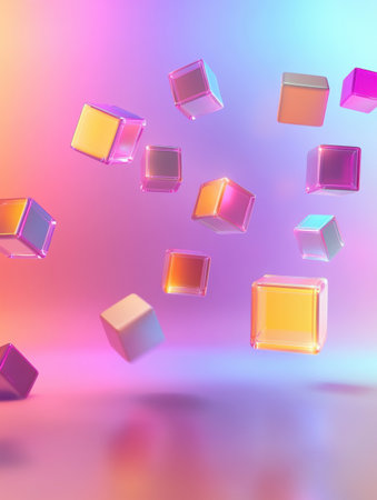 Floating 3D cubes create a vibrant, futuristic atmosphere against a softly glowing, minimalistic background with captivating neon gradients.の素材