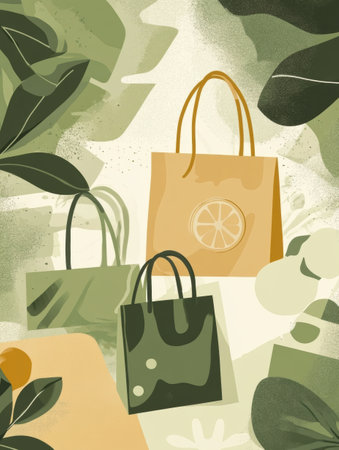Illustration of reusable grocery bags and eco-friendly packaging in soft green and beige tones promotes sustainability.の素材