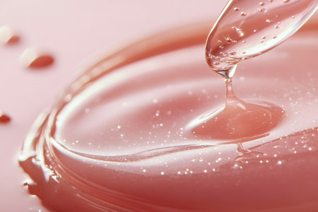 A drop of a glowing skincare serum is gently applied to smooth, dewy skin in soft lighting, illustrating a luxurious skincare routine for hydration.の素材