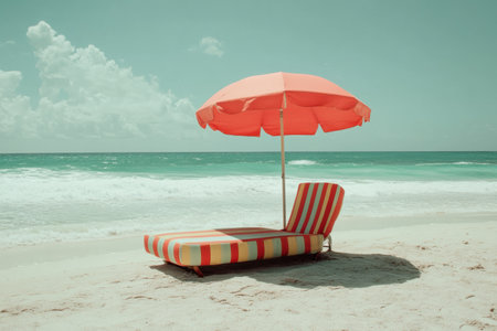 Striped sun lounger rests under a vibrant umbrella on sandy beach with gentle ocean waves lapping in the background, perfect for relaxation.の素材