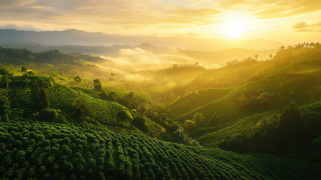 Lush green coffee plantations blanket rolling hills as warm golden sunlight breaks through early morning mist, creating a serene and vibrant landscape.の素材