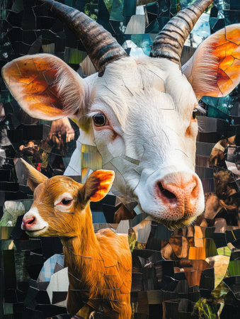 This artistic collage showcases a blend of farm animals against a backdrop of soft color gradients, creating a textured visual experience.の素材