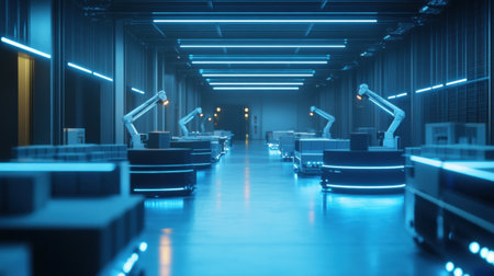 Robotic arms actively sort packages in a futuristic e-commerce warehouse, with sleek lighting illuminating automated fulfillment systems and organized space.の素材