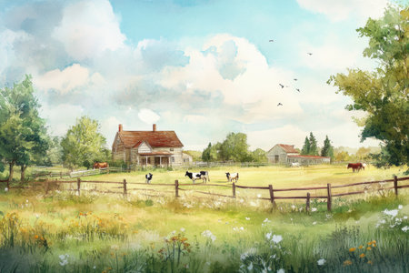A traditional farm filled with cows, chickens, and horses is beautifully depicted in soft watercolor.の素材