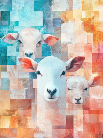 This artwork showcases a vibrant abstract mosaic composed of farm animals, harmonizing soft color gradients and textured elements to create visual interest.の素材